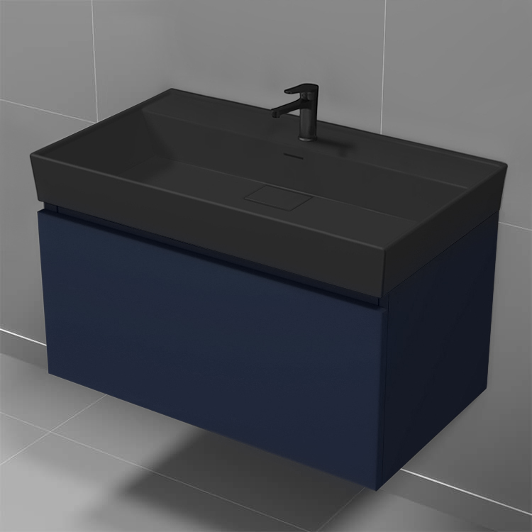 Nameeks SHARP30 Blue Bathroom Vanity With Black Sink, Modern, Wall Mount, 32 Inch